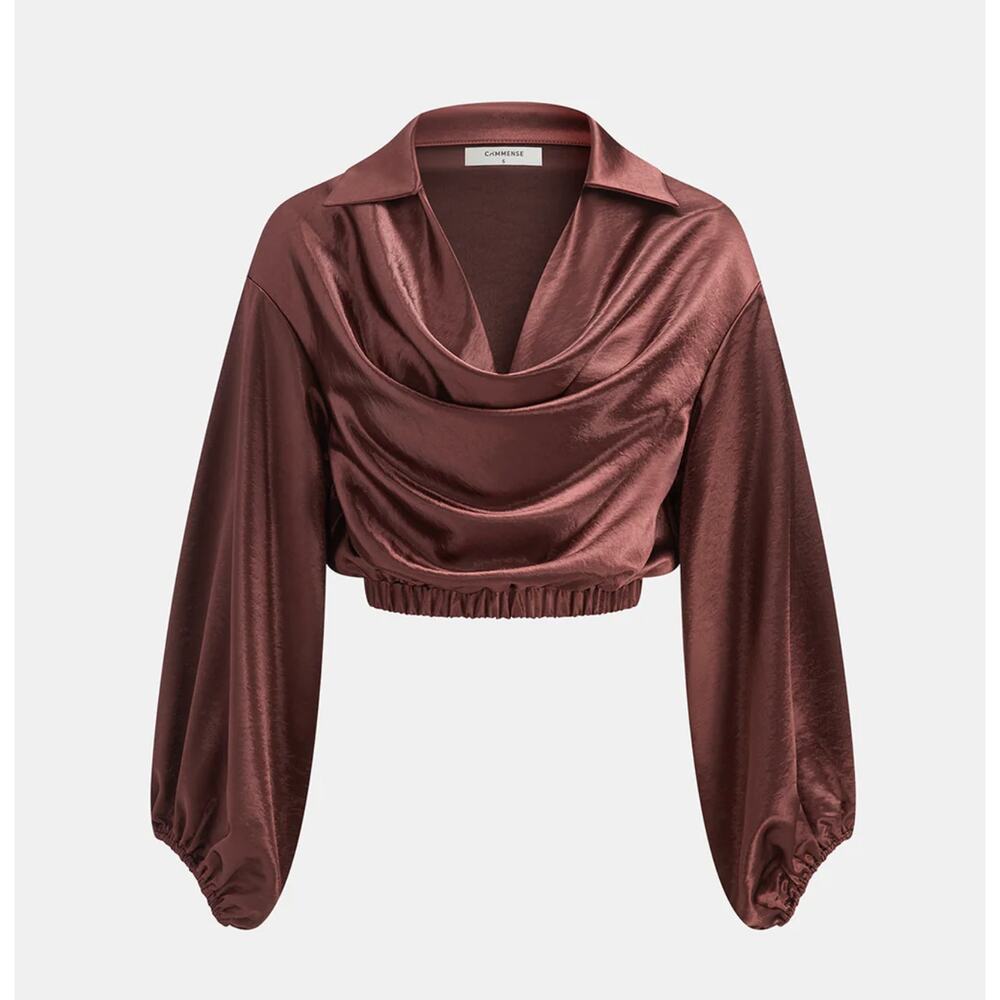 Commense Satin Cowl Neck Cropped Cinched Blouse Burgundy Size M